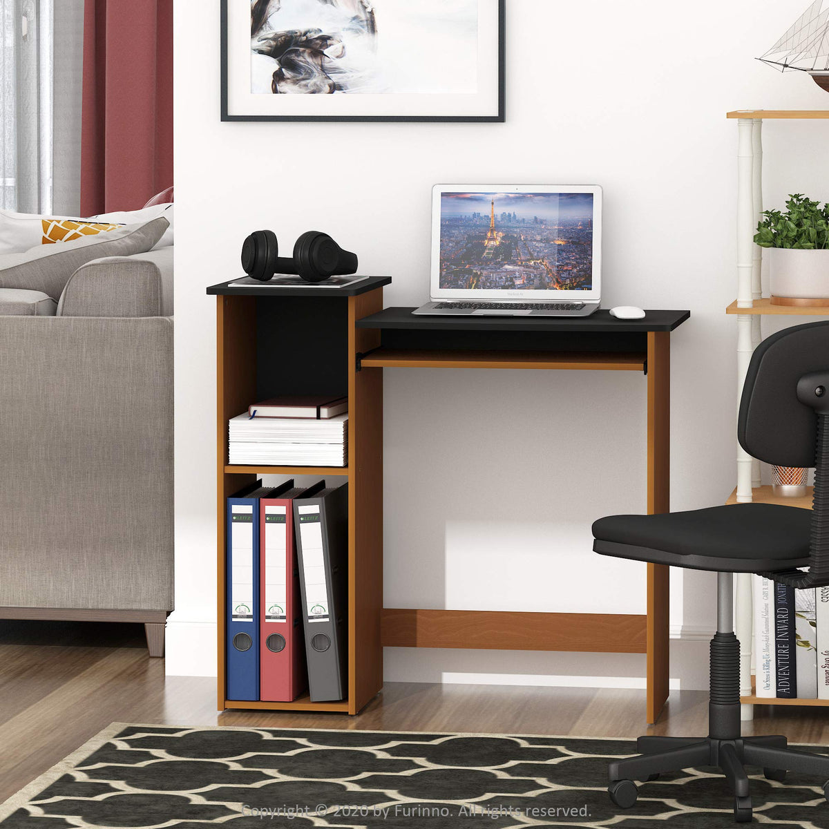 Furinno Econ 33-inch Wide Desk with 2-Tier Open Shelf, Light Cherry/Black