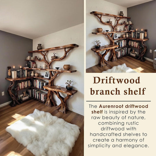 Aurenroot Solid Wood Corner Tree Branch Bookcase Live Edge Wall Shelf