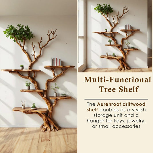 Aurenroot Solid Wood Corner Tree Branch Bookcase Live Edge Wall Shelf
