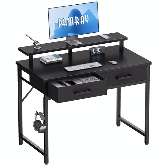 Pamray 32 Inch Small Computer Desk with Monitor Stand and 2 Drawers