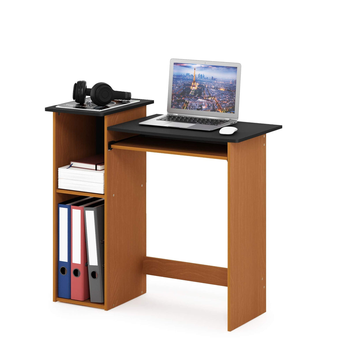 Furinno Econ 33-inch Wide Desk with 2-Tier Open Shelf, Light Cherry/Black