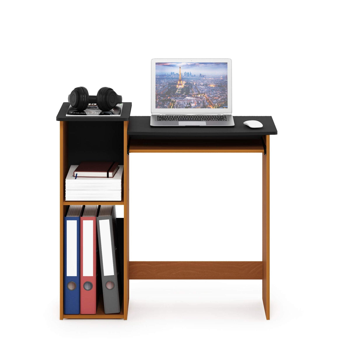 Furinno Econ 33-inch Wide Desk with 2-Tier Open Shelf, Light Cherry/Black