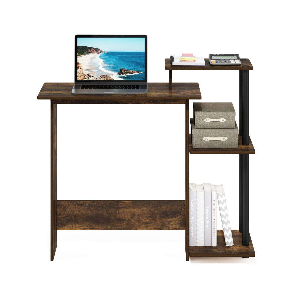 Furinno EFFICIENT Desk, 28.6" Wide Gaming Desk with 3 Open Side Shelves, Laptop Notebook Computer Desk, Office Desk for Home Office, Study Room, Dorm, Bedroom, Amber Pine