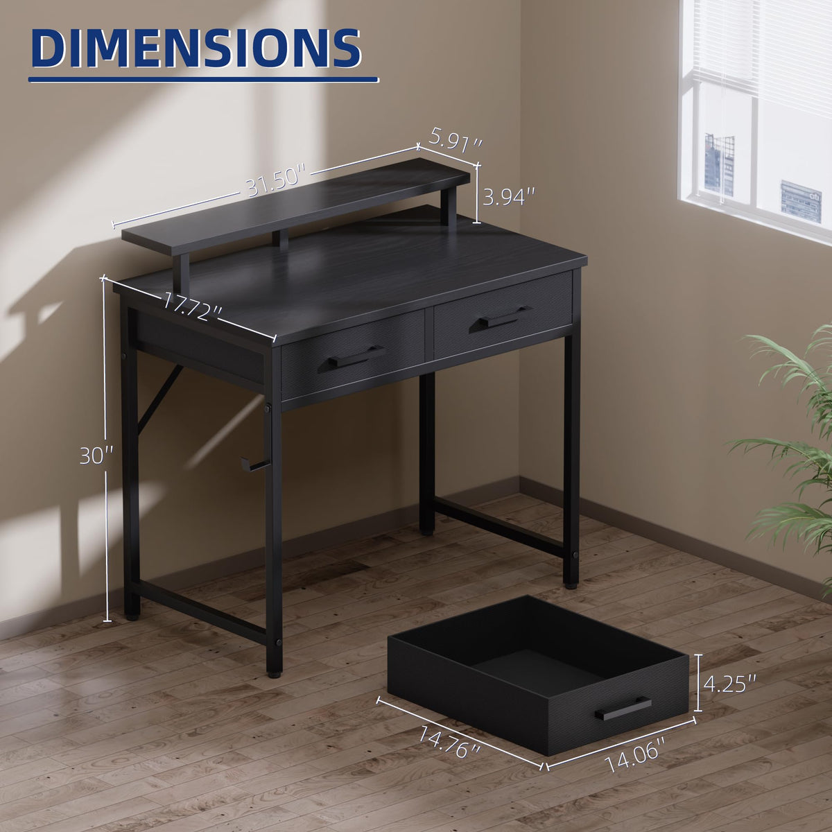 Pamray 32 Inch Small Computer Desk with Monitor Stand and 2 Drawers