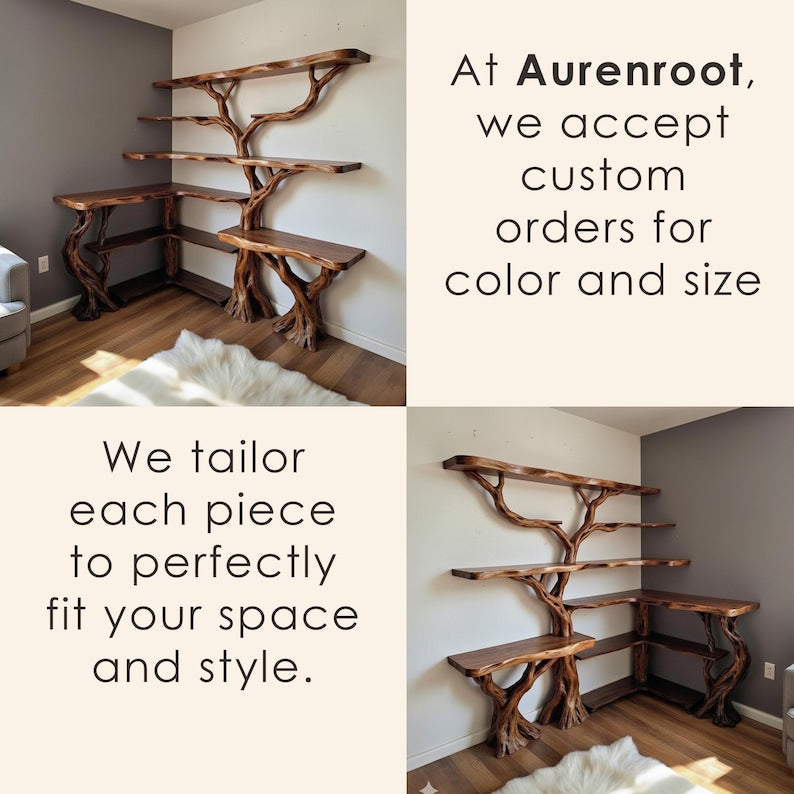 Aurenroot Solid Wood Corner Tree Branch Bookcase Live Edge Wall Shelf