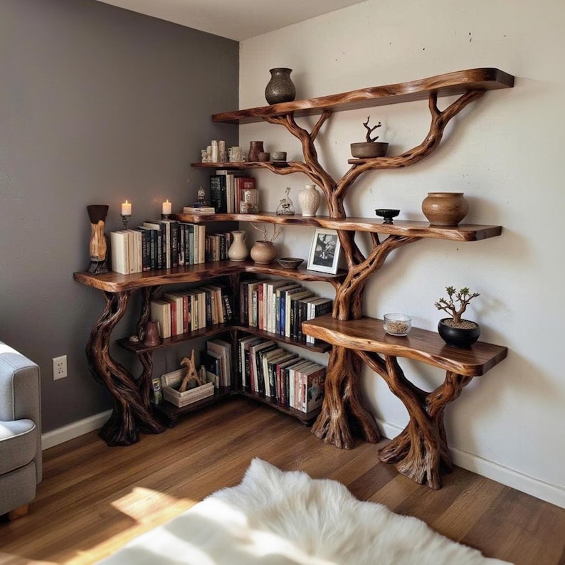 Aurenroot Solid Wood Corner Tree Branch Bookcase Live Edge Wall Shelf