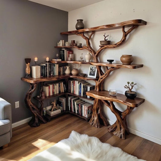 Aurenroot Solid Wood Corner Tree Branch Bookcase Live Edge Wall Shelf
