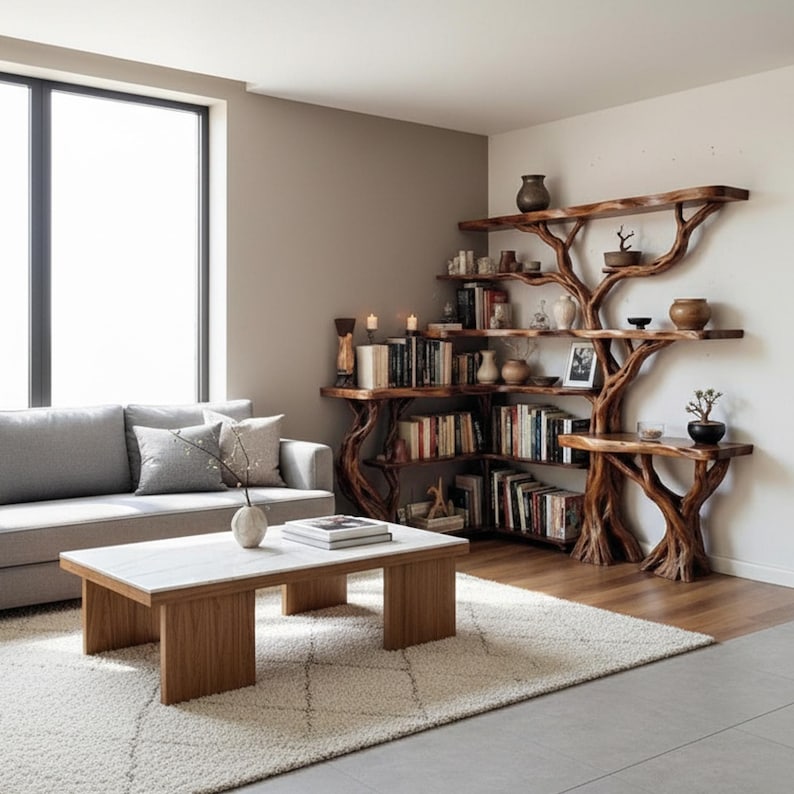 Aurenroot Solid Wood Corner Tree Branch Bookcase Live Edge Wall Shelf