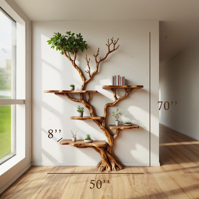 Aurenroot Solid Wood Corner Tree Branch Bookcase Live Edge Wall Shelf