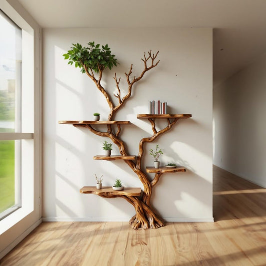Aurenroot Solid Wood Corner Tree Branch Bookcase Live Edge Wall Shelf
