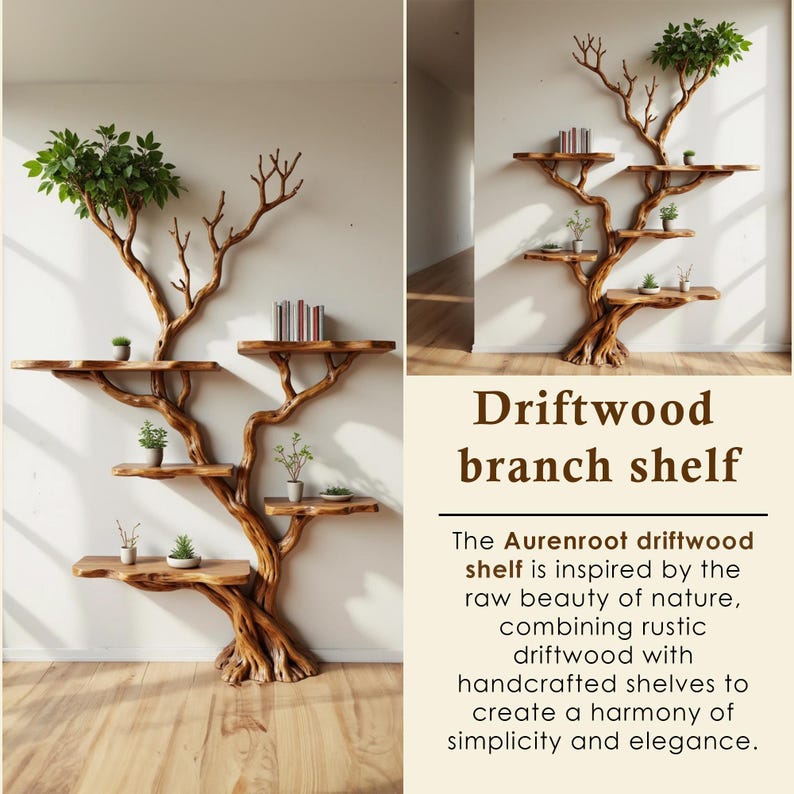 Aurenroot Solid Wood Corner Tree Branch Bookcase Live Edge Wall Shelf