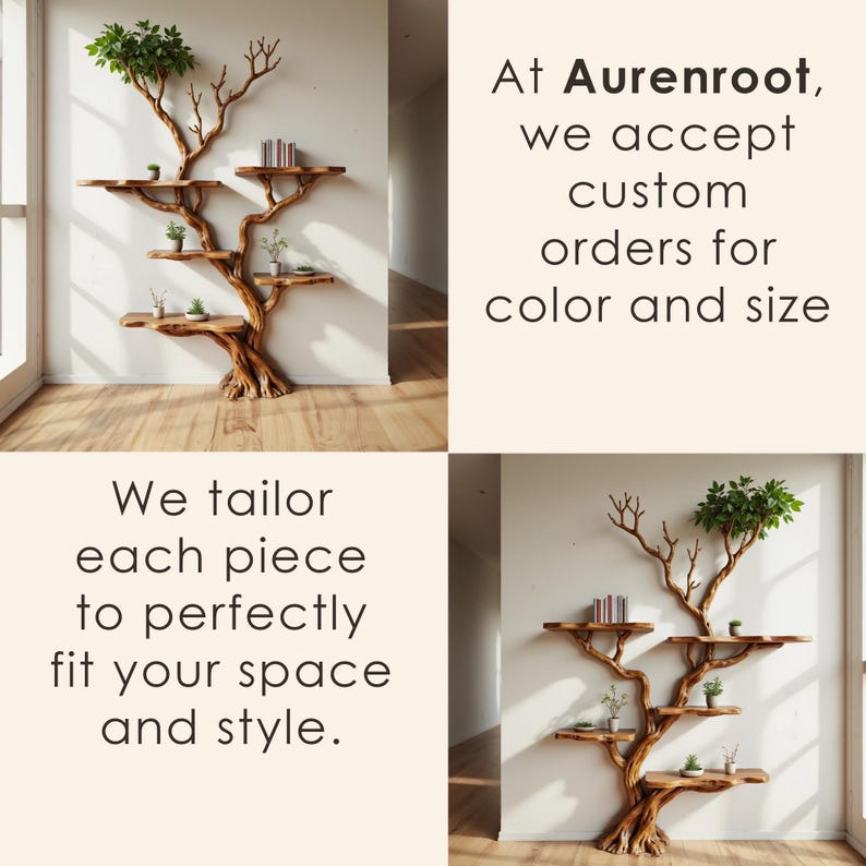 Aurenroot Solid Wood Corner Tree Branch Bookcase Live Edge Wall Shelf