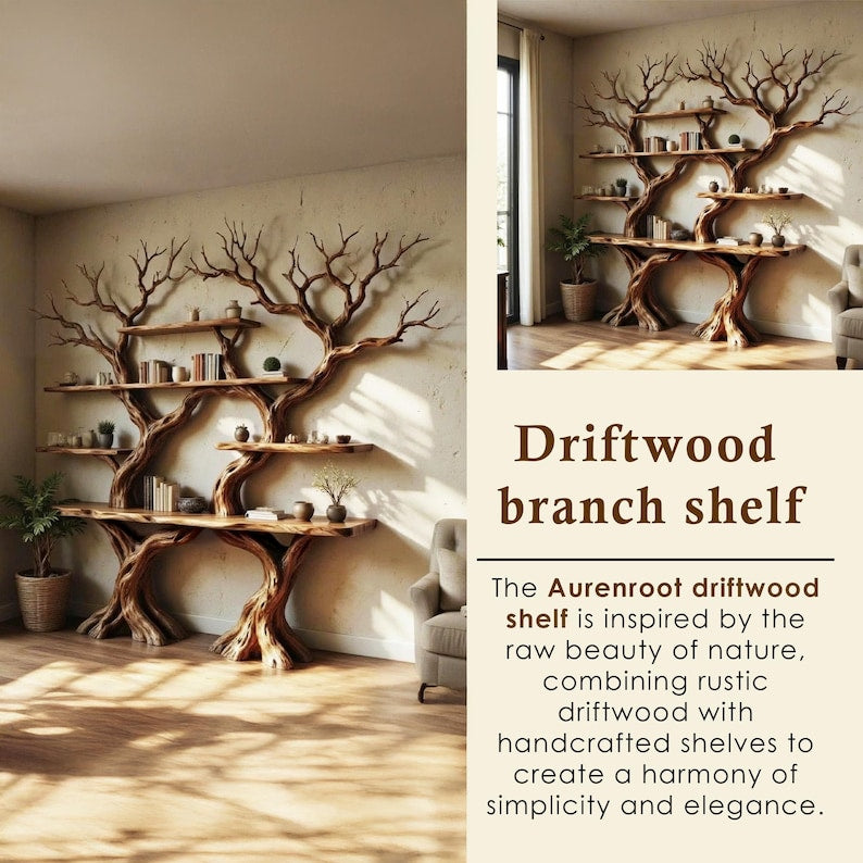 Aurenroot Solid Wood Corner Tree Branch Bookcase Live Edge Wall Shelf