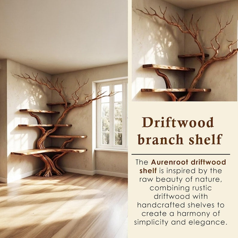 Tree Branch Corner Bookshelf Solid Wood Wall Mounted Floating Shelf