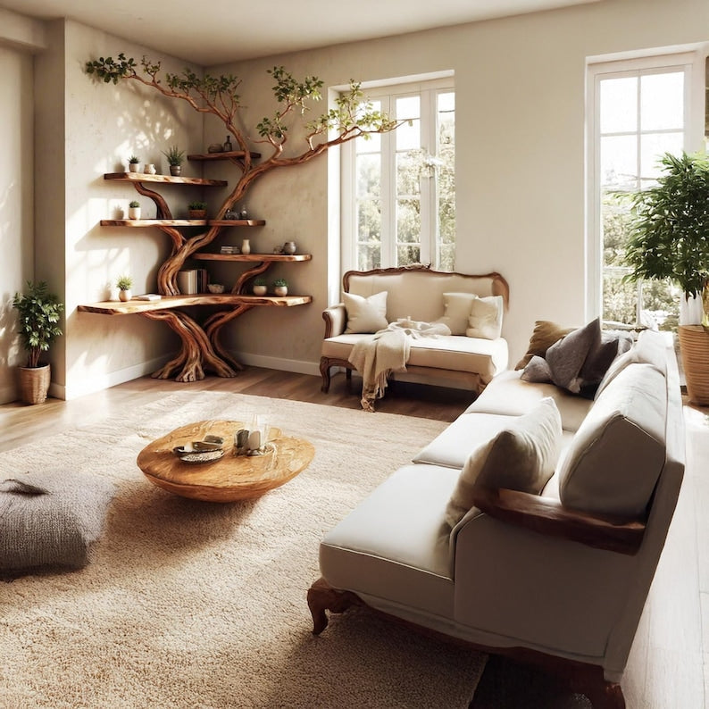 Tree Branch Corner Bookshelf Solid Wood Wall Mounted Floating Shelf