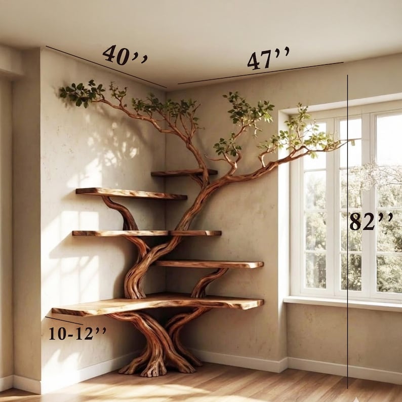 Tree Branch Corner Bookshelf Solid Wood Wall Mounted Floating Shelf