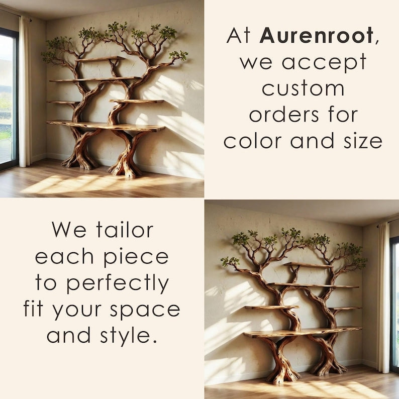 Aurenroot Solid Wood Corner Tree Branch Bookcase Live Edge Wall Shelf