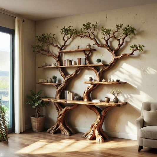 Aurenroot Solid Wood Corner Tree Branch Bookcase Live Edge Wall Shelf