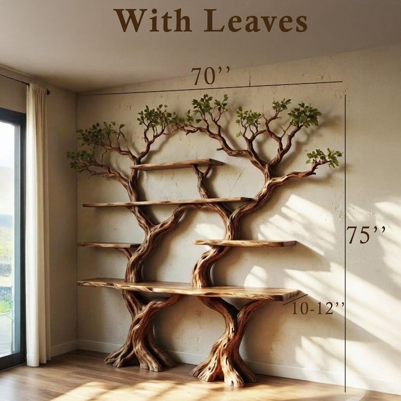 Aurenroot Solid Wood Corner Tree Branch Bookcase Live Edge Wall Shelf