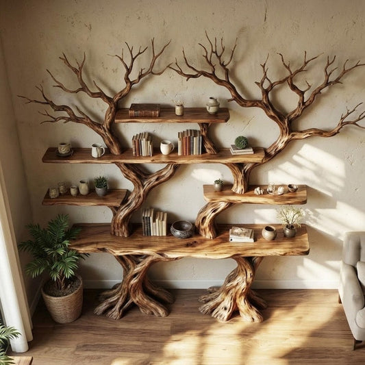Aurenroot Solid Wood Corner Tree Branch Bookcase Live Edge Wall Shelf
