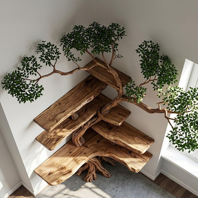 Tree Branch Corner Bookshelf Solid Wood Wall Mounted Floating Shelf