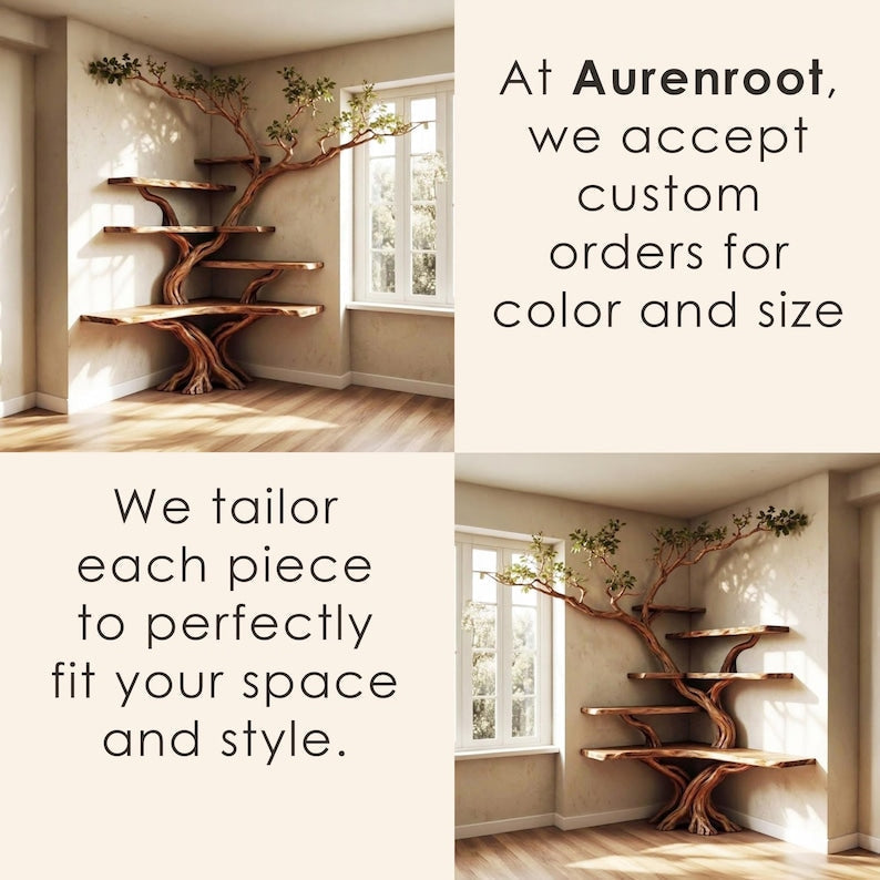 Tree Branch Corner Bookshelf Solid Wood Wall Mounted Floating Shelf