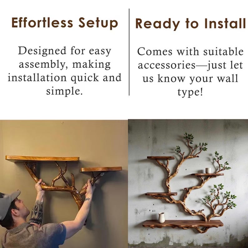 Aurenroot Solid Wood Corner Tree Branch Bookcase Live Edge Wall Shelf