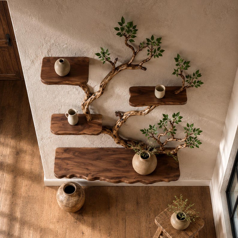 Aurenroot Solid Wood Corner Tree Branch Bookcase Live Edge Wall Shelf
