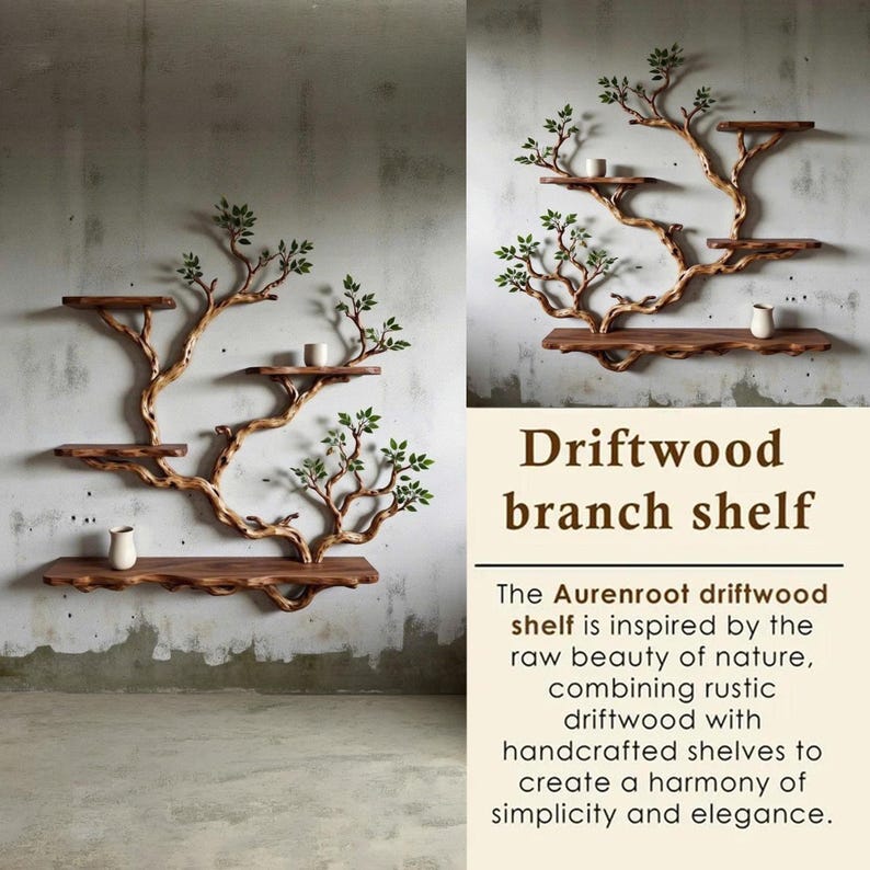 Aurenroot Solid Wood Corner Tree Branch Bookcase Live Edge Wall Shelf