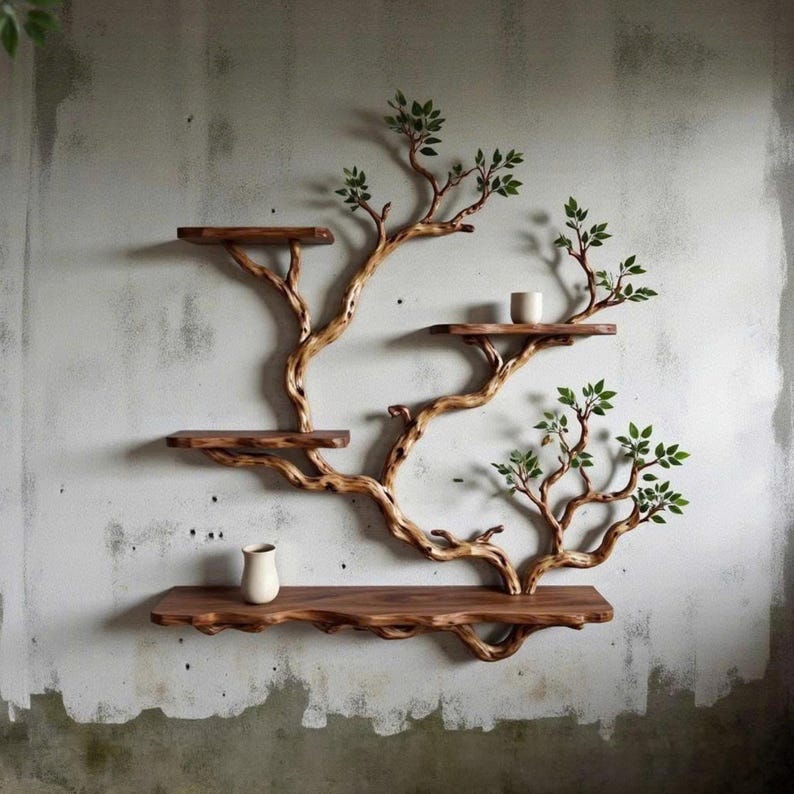 Aurenroot Solid Wood Corner Tree Branch Bookcase Live Edge Wall Shelf